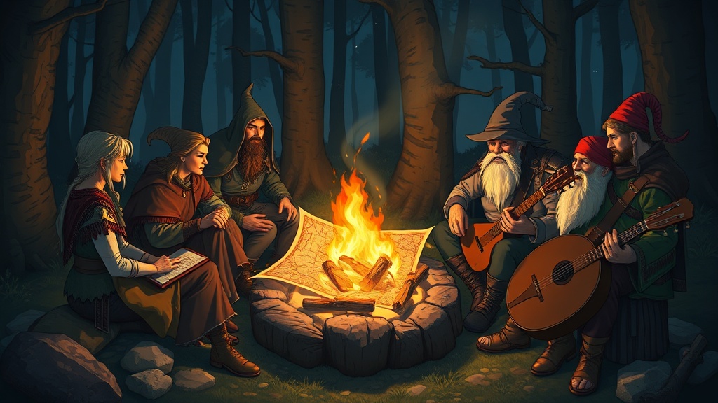 Multiplayer party around a campfire